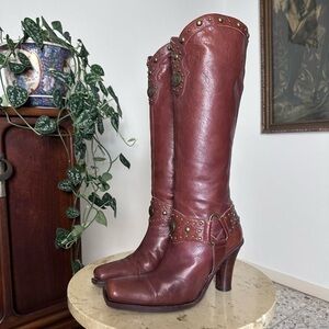 Vintage 90s early 2000s harness buckle straps fitted knee high studded boots